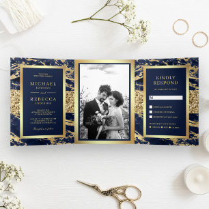 Gold Glitter Navy Blue Marble Photo Wedding Tri-Fold Invitation