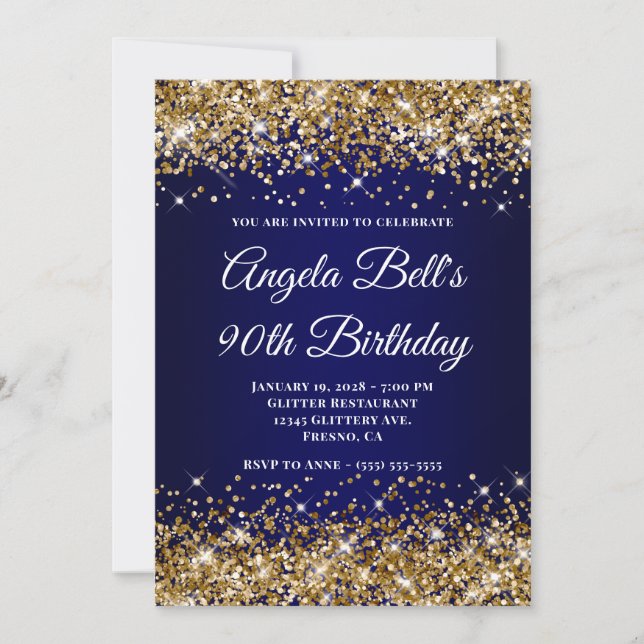 Gold Glitter Navy Blue Ombre 90th Birthday Invitation (Front)