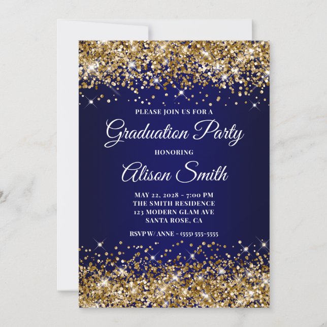 Gold Glitter Navy Blue Ombre Graduation Party Invitation (Front)