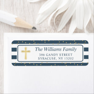 Gold Glitter Navy Blue Religious Return Address Label