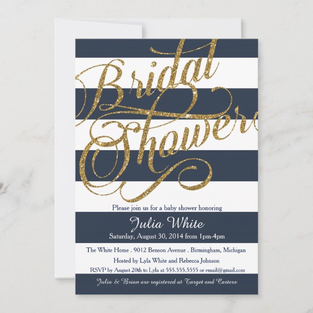 Gold Glitter Navy Blue Strip Shower Invitation (Front)