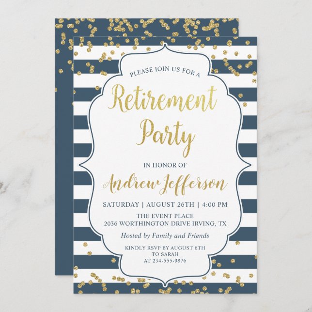 Gold Glitter Navy Blue Surprise Retirement Party Invitation (Front/Back)