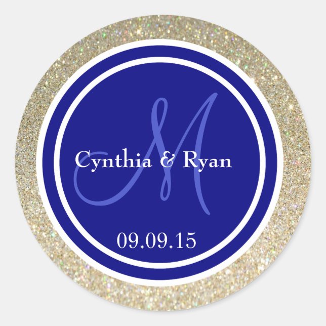 Gold Glitter & Navy Blue Wedding Monogram Seal (Front)
