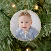 Gold Glitter Navy Blue Wreath Baptism Photo