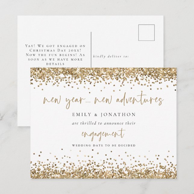 Gold Glitter New Adventures Engagement Announce Postcard (Front/Back)