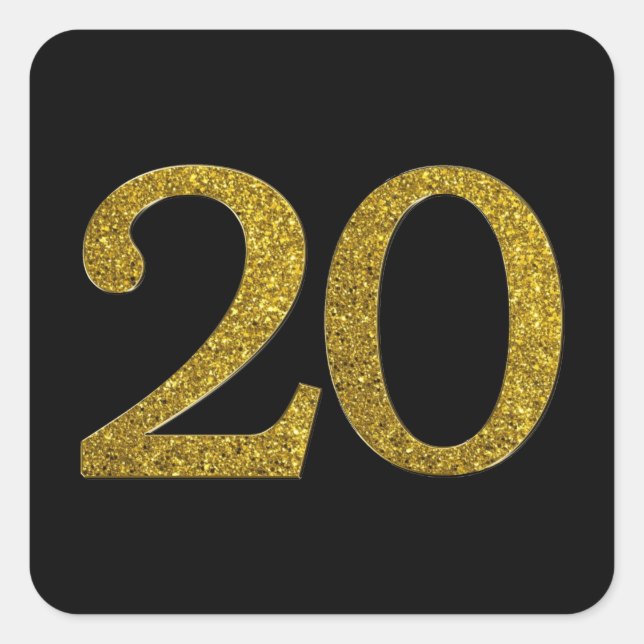 Gold Glitter Number 20 Wide Font Square Sticker (Front)