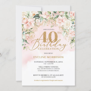 Gold glitter number soft pink roses 40th birthday invitation