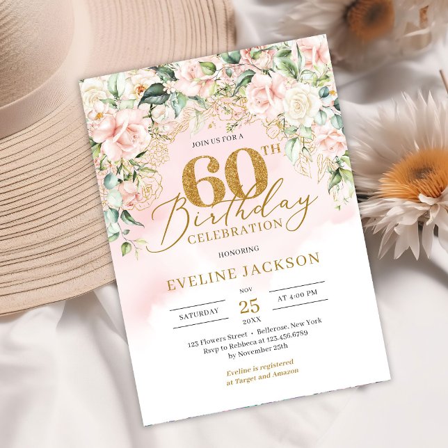 Gold glitter number soft pink roses 60th birthday invitation (Watercolor blush pink roses eucalyptus and gold 60th birthday invitation digital)