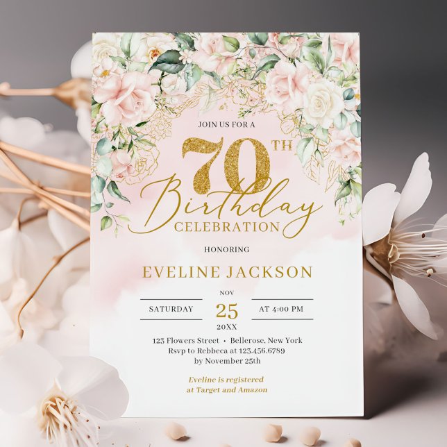 Gold glitter number soft pink roses 70th birthday invitation (Chic elegant soft pink roses greenery and gold 70th birthday invitation digital)
