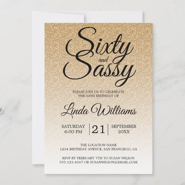 Gold Glitter Ombre 60 and Sassy 60th Birthday Invitation (Front)