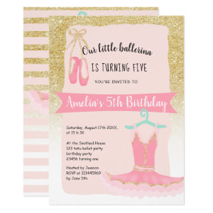 Gold glitter ombre ballerina tutu 5th birthday invitation