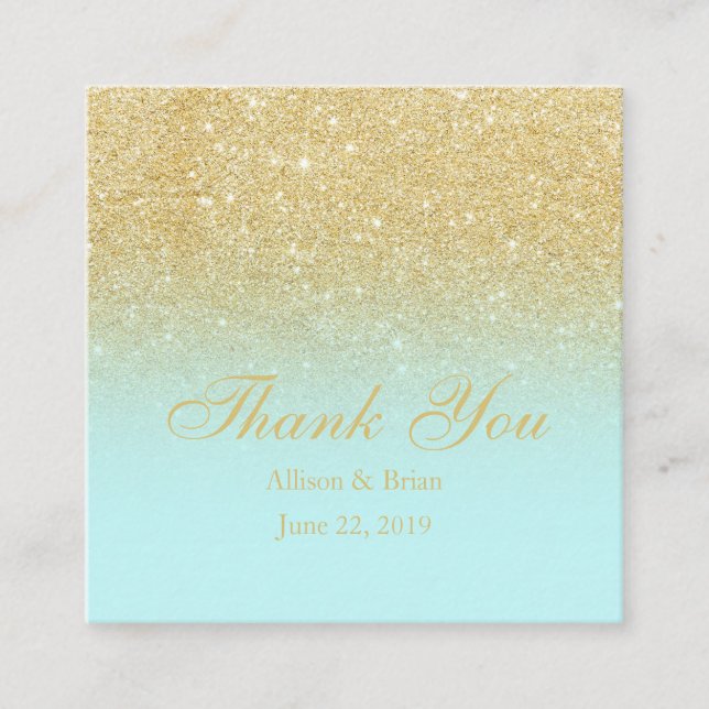Gold glitter ombre blue mint thank you wedding 2 square business card (Front)