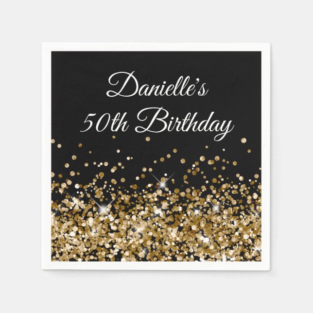 Gold Glitter on Black 50th Birthday Napkin (Front)