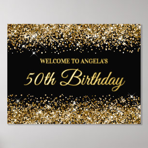 Gold Glitter on Black 50th Birthday Welcome Foil Prints