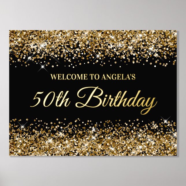 Gold Glitter on Black 50th Birthday Welcome Foil Prints (Front)