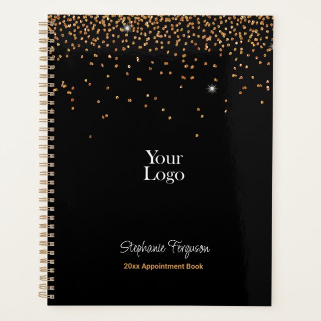 Gold Glitter on Black Background Weekly Monthly Planner (Front)