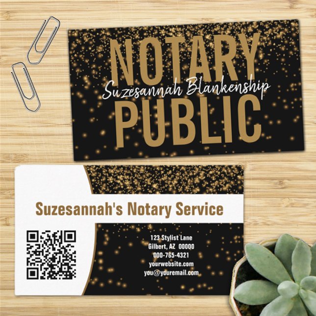 Gold Glitter On Black Custom QR Code Notary Business Card (Creator Uploaded)