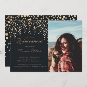 gold glitter on black Quinceanera Photo Invitation
