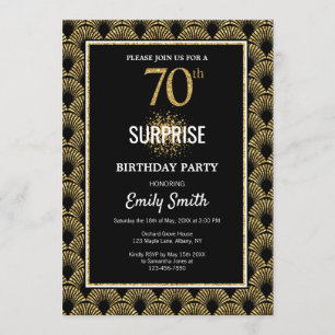 Gold Glitter on Black Surprise 70th Birthday Invitation