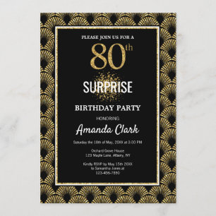 Gold Glitter on Black Surprise 80th Birthday Invitation