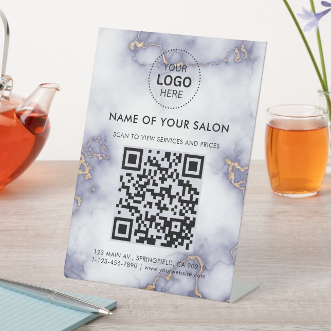 Gold Glitter On marble Salon Business QR Code and  Pedestal Sign (In SItu)
