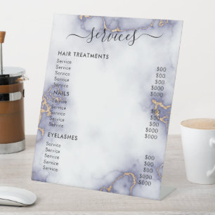 Gold Glitter on marble Salon Services Price List Pedestal Sign