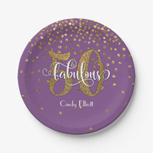 Gold Glitter on Purple 50 & Fabulous Birthday Paper Plate