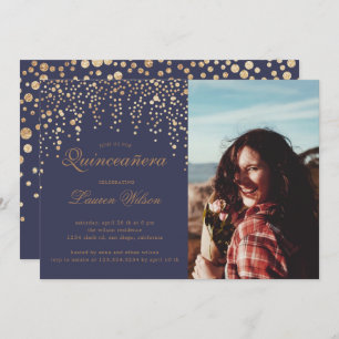 gold glitter on purple Quinceanera Photo Invitation