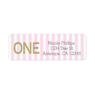 Gold Glitter ONE 1st Pink Stripes Address Labels