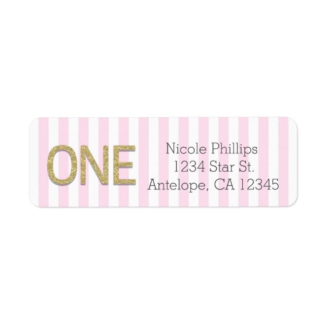 Gold Glitter ONE 1st Pink Stripes Address Labels (Front)