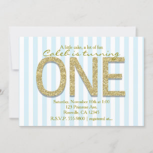 GOLD GLITTER ONE Blue Stripe 1st Party Invitations