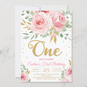 Gold glitter one blush pink floral first birthday invitation