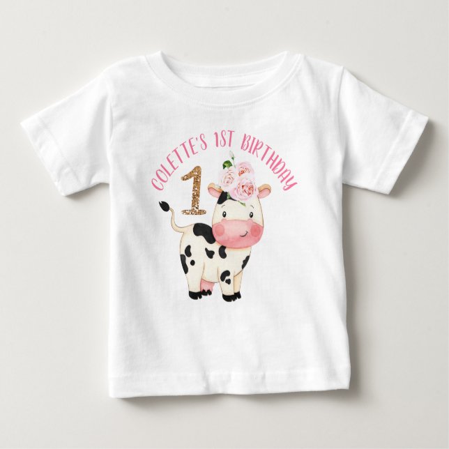 Gold Glitter One Cow  Moos First Birthday Baby T-Shirt (Front)