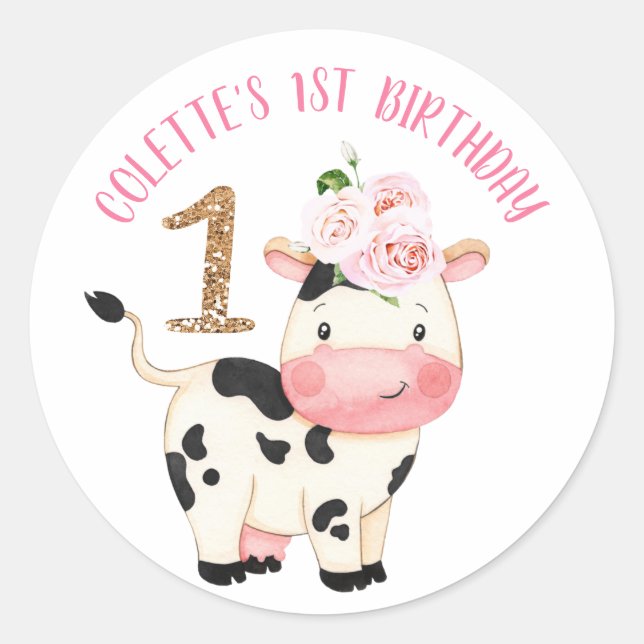Gold Glitter One Cow  Moos First Birthday Classic Round Sticker (Front)