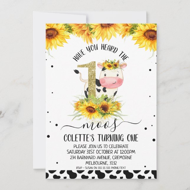 Gold Glitter One Sunflower Cow Print 1st Birthday Invitation (Front)