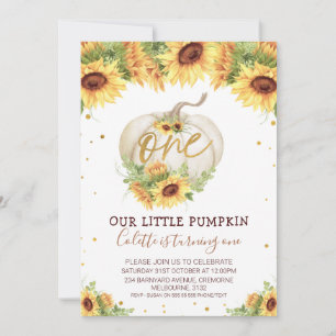 Gold Glitter One Sunflower Pumpkin 1st Birthday Invitation