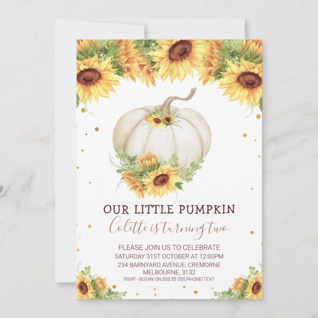 Gold Glitter One Sunflower Pumpkin Birthday Invita Invitation (Front)