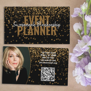 Gold Glitter Over Black Custom Photo QR Code Business Card