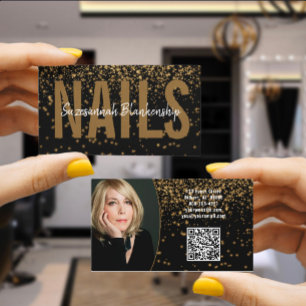 Gold Glitter Over Black Custom Photo QR Code Business Card