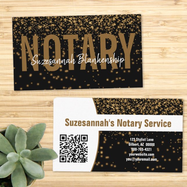 Gold Glitter Over Black Custom QR Code Notary Business Card (Creator Uploaded)