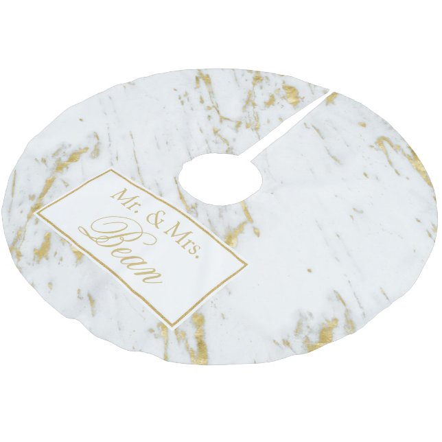 Gold Glitter Over White Marble Brushed Polyester Tree Skirt (Angled)