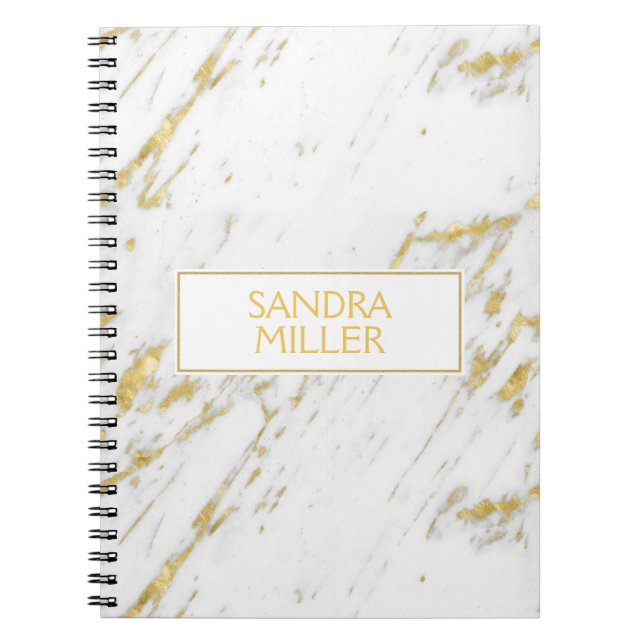 Gold Glitter Over White Marble Texture Notebook (Front)