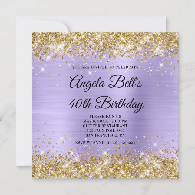 Gold Glitter Pale Lavender Shimmer Foil Monogram Invitation (Front)