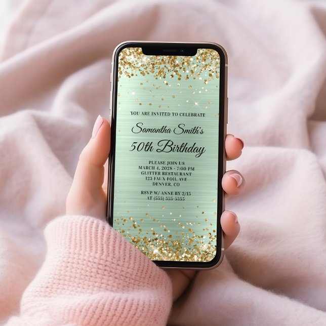 Gold Glitter Pale Mint Foil 50th Birthday Invitation (Gold Glitter Pale Mint Foil 50th Birthday Invitation)