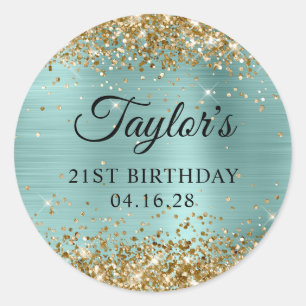 Gold Glitter Pale Turquoise Foil 21st Birthday Classic Round Sticker