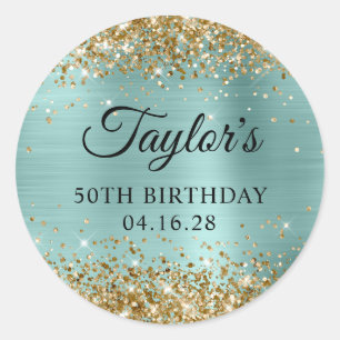 Gold Glitter Pale Turquoise Foil 50th Birthday Classic Round Sticker