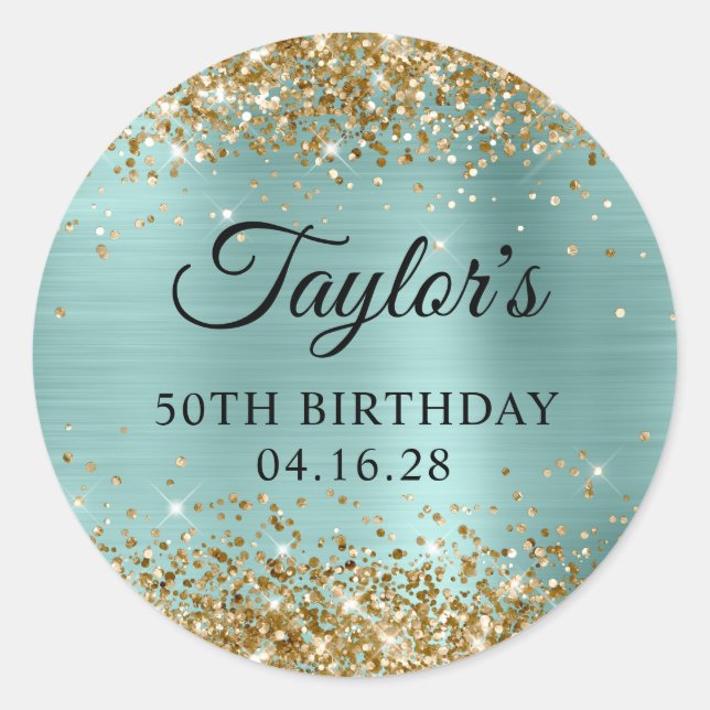 Gold Glitter Pale Turquoise Foil 50th Birthday Classic Round Sticker (Front)