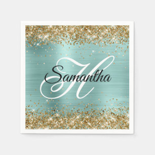 Gold Glitter Pale Turquoise Foil Monogram Napkin
