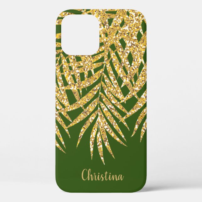 Gold Glitter Palm Fronds Name Personalised Green Case-Mate iPhone Case (Back)