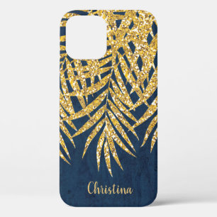 Gold Glitter Palm Fronds Name Personalised Navy iPhone 12 Case